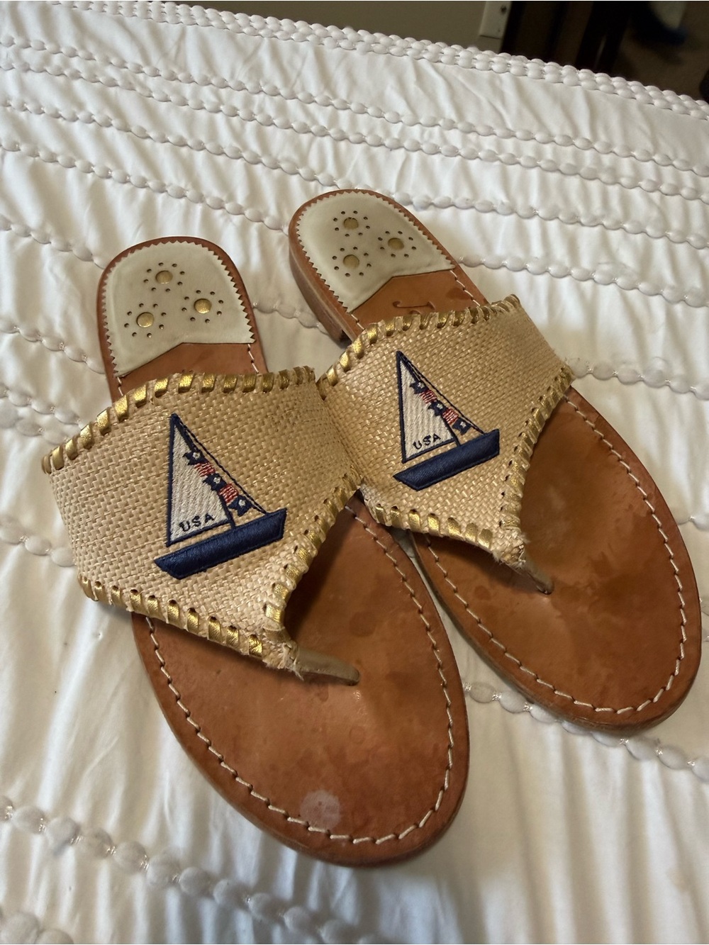 Jack Rogers Nautical Sailboat Sandals Women’s Size 10M Gold Raffia Leather - Picture 3 of 5